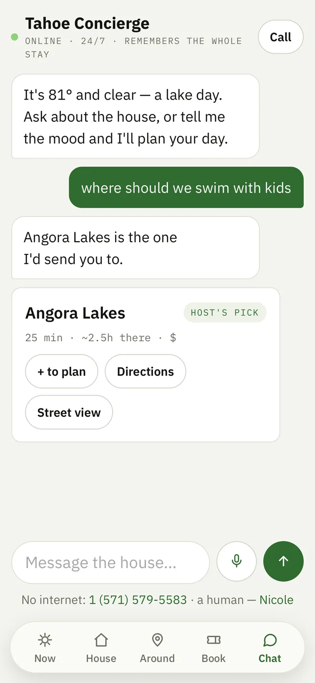 The chat: the concierge answers a swimming question with place cards