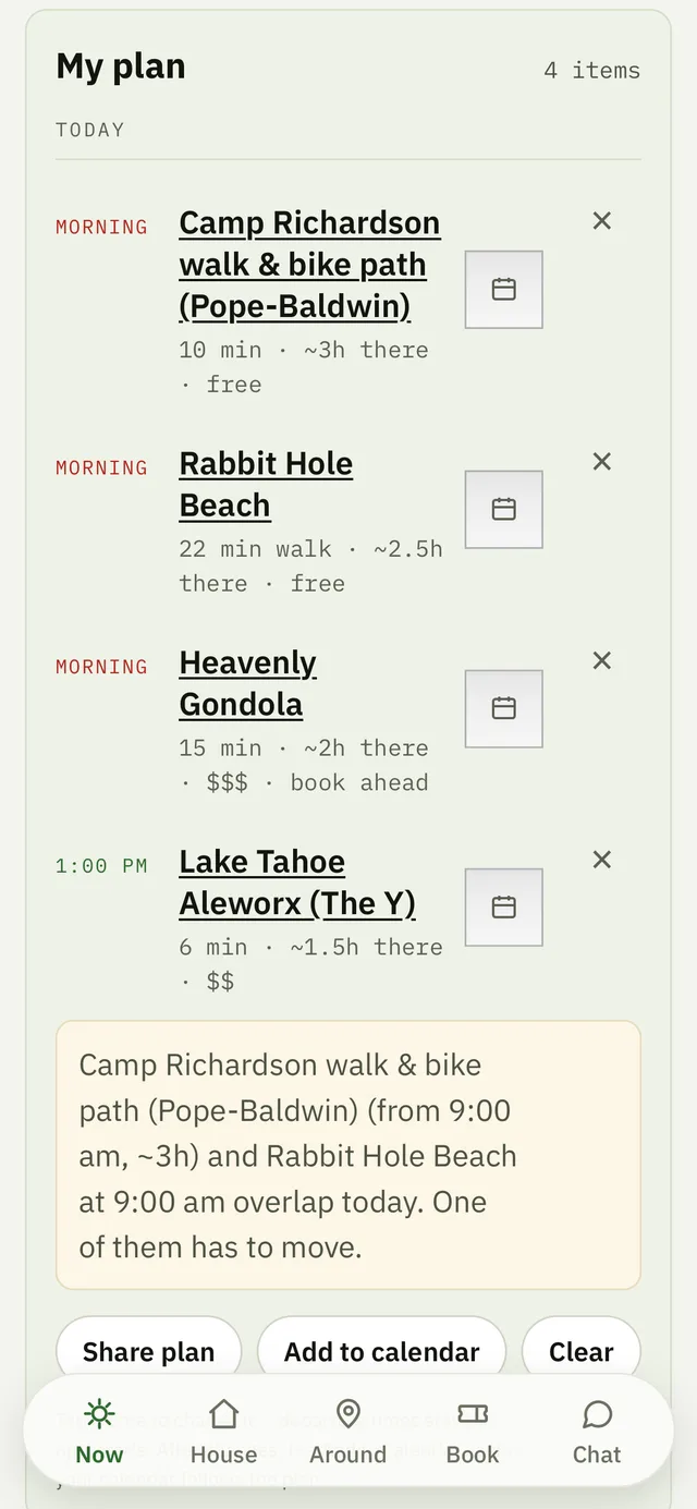 My plan: the day's rows with editable times, Share and Add to calendar