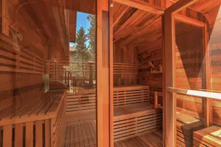 Inside the sauna — benches for the whole family.